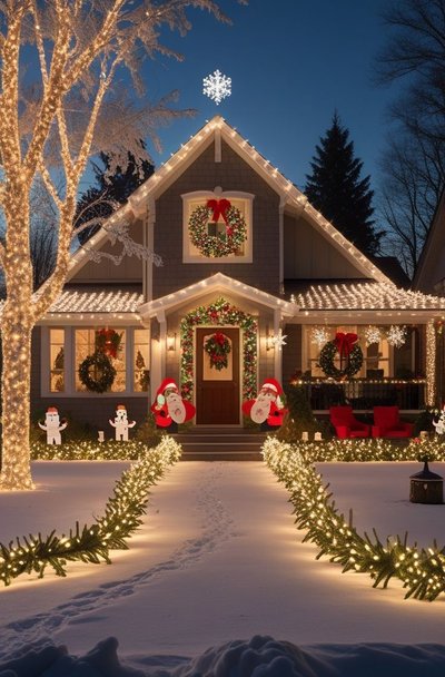 Maison décorée pour Noël avec guirlandes lumineuses blanches, couronnes de sapin, personnages gonflables et allée illuminée dans la neige Source - The Cozy Corner Home Ideas & Style Pinterest