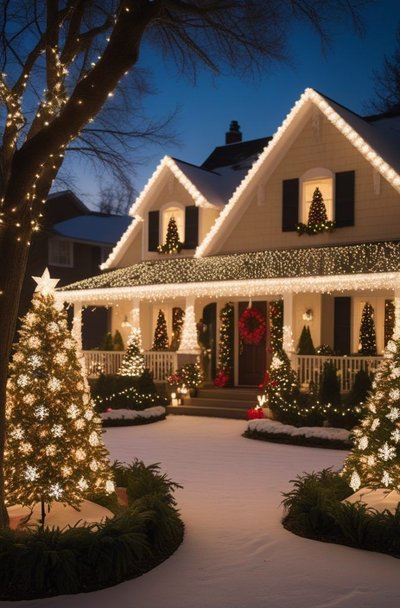 Maison décorée pour Noël avec guirlandes lumineuses, sapins illuminés et neige au sol créant une ambiance festive et chaleureuse Source - The Cozy Corner Home Ideas & Style Pinterest