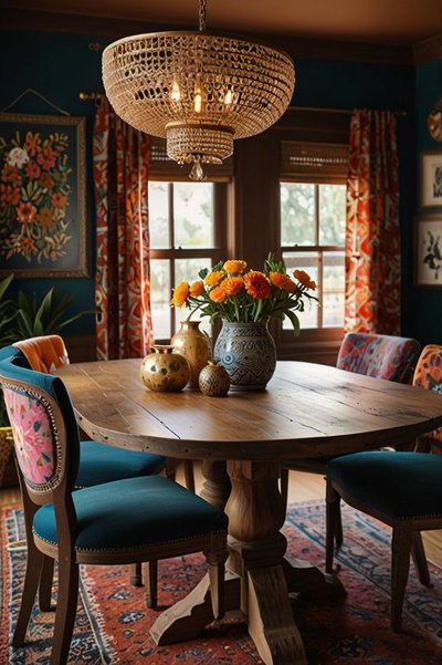Salle à manger chaleureuse et colorée avec une table ronde en bois rustique, des chaises rembourrées aux motifs floraux, un lustre en perles suspendu au plafond et un vase de fleurs avec motifs bleu au centre de table Source - The Nestop Pinterest