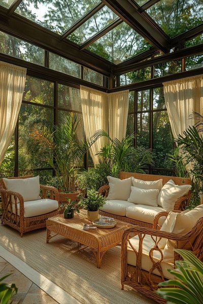 Solarium vitré avec mobilier en rotin, coussins blancs, rideaux beiges et nombreuses plantes tropicales créant une ambiance naturelle et apaisante Source - The Olive Branch Nest Pinterest