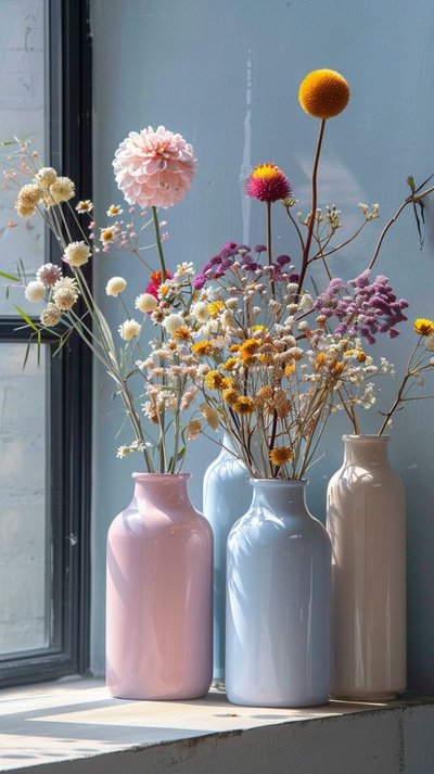 Vases pastel contenant des fleurs séchées colorées, placés sur un rebord de fenêtre éclairé par la lumière naturelle Source - TheBloomingPins Strategy for Beauty Brands Pinterest