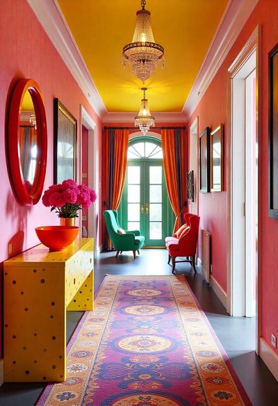 Hall d'entrée coloré avec murs roses Source - TheTrendLoom Pinterest Hall d'entrée coloré avec murs roses, plafond jaune, lustres en cristal, tapis oriental rose et mobilier éclectique rouge et vert Source - TheTrendLoom Pinterest