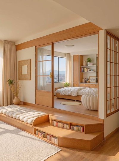 Chambre lumineuse de style japonais minimaliste avec boiseries claires, grande fenêtre, coin lecture intégré et escalier avec rangements de livres Source - Thitaree Pinterest