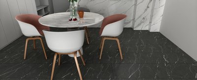 Salle à manger moderne avec sol en vinyle effet marbre noir Twilight de Fuzion Flooring.