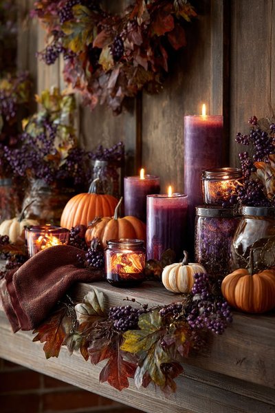 Décoration d'automne sur manteau de foyer avec bougies mauves, mini citrouilles, guirlande de feuilles et baies, dans un décor rustique et chaleureux Source - Usedecor Home Decor, Organization, Crafts