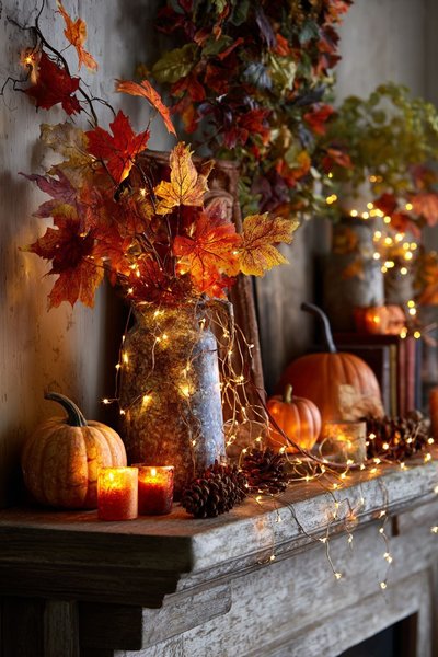 Décoration de foyer avec citrouilles, feuilles colorées, pommes de pin, chandelles et guirlandes lumineuses créant une ambiance rustique et festive Source - Usedecor Home Decor, Organization, Crafts