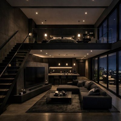 Loft contemporain sur deux étages avec chambre en mezzanine, salon spacieux, cuisine à aire ouverte, grandes fenêtres donnant sur la ville et éclairage tamisé créant une atmosphère élégante et sophistiquée Source - utopia Pinterest