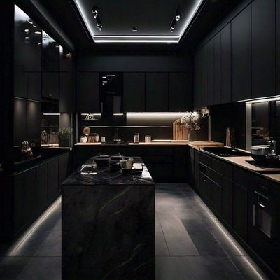 Cuisine moderne au design noir mat avec éclairage LED intégré, comptoirs en bois clair et îlot central en marbre foncé par Valz decor your home your style sur Pinterest