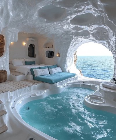 Suite luxueuse dans une grotte blanche avec lit, canapé turquoise et spa intérieur face à la mer, offrant une vue imprenable sur l'océan Source - Vanny Vamp Viscious Pinterest