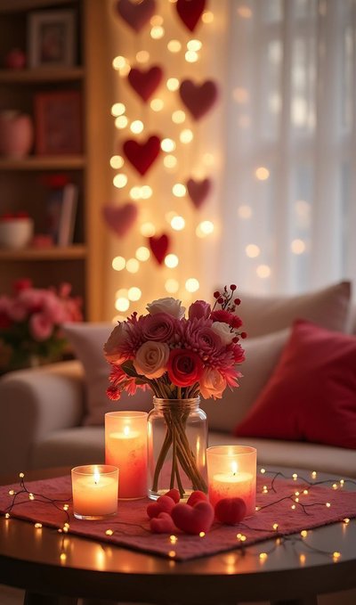 Ambiance chaleureuse de Saint-Valentin avec un vase de fleurs, des bougies allumées et des guirlandes lumineuses en arrière-plan dans un salon Source - maroce no messages private Pinterest