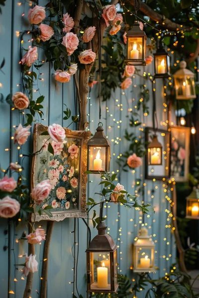 Décoration murale romantique avec lanternes suspendues, guirlandes lumineuses, roses et cadres floraux dans un jardin Source - Walking Towards Love Relationship Advice & Dating Tips Pinterest