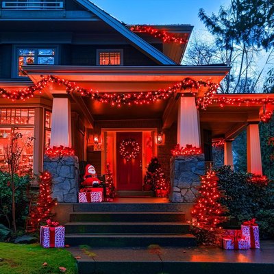 Maison décorée pour Noël avec lumières rouges vives, Père Noël gonflable, cadeaux factices et guirlandes lumineuses sur le porche Source - Wayfair Canada Pinterest