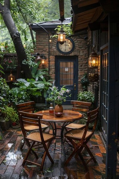 Petite terrasse extérieure au style rustique Source - Wendy Stratil Pinterest Petite terrasse extérieure au style rustique avec table ronde en bois, chaises en rotin, lanternes suspendues et plantes luxuriantes créant une ambiance chaleureuse et intime Source - Wendy Stratil Pinterest