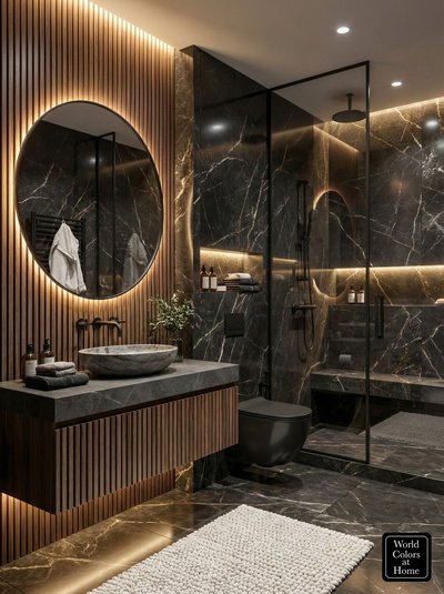 Salle de bain luxueuse au style contemporain avec murs en marbre noir veiné, meuble-lavabo en bois à lattes, vasque en pierre, miroir rond rétroéclairé et douche vitrée avec éclairage intégré Source - World Colors at Home Pinterest