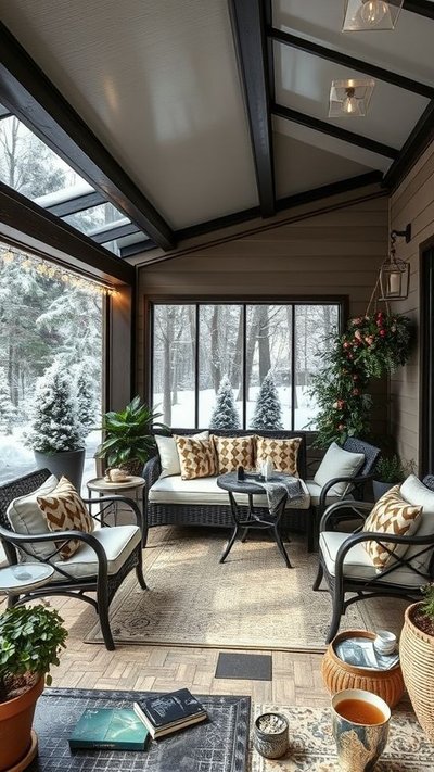 Solarium 4 saisons avec mobilier en rotin noir Source - YAAMB - Outdoor space inspiration and ideas Outdoor Patios Pinterest Solarium 4 saisons avec mobilier en rotin noir, coussins décoratifs, plantes vertes et vue sur un paysage hivernal enneigé Source - YAAMB - Outdoor space inspiration and ideas Outdoor Patios Pinterest