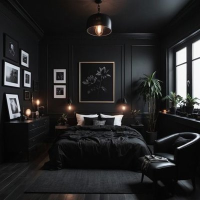 Chambre à coucher élégante au décor entièrement noir avec moulures classiques, lit double avec literie foncée, mur galerie de photos, plantes vertes et éclairage tamisé créant une ambiance intime et artistique Source - yawihav Pinterest