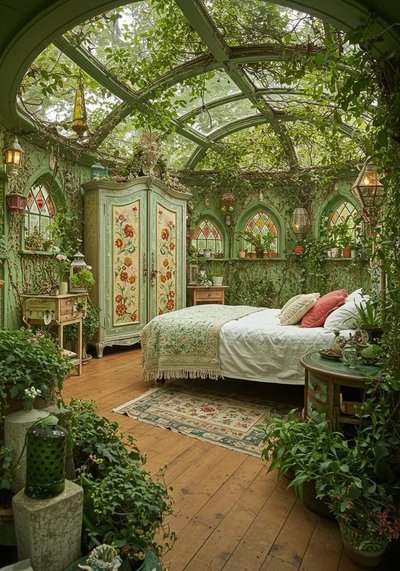 Chambre féerique remplie de verdure inspirée de Ynara Bispo sur Pinterest – ambiance naturelle avec plantes grimpantes et vitraux colorés