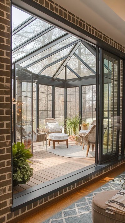 Solarium vitré avec structure noire Source - Yolanda Pinterest Solarium vitré avec structure noire, toit cathédrale en verre, mobilier en rotin et ambiance lumineuse donnant sur un paysage boisé Source - Yolanda Pinterest