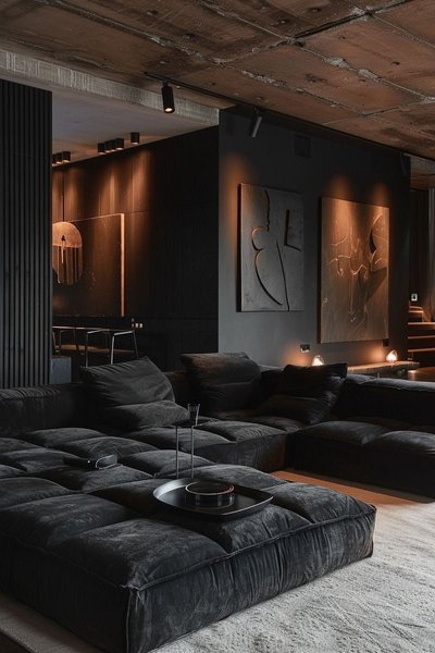 Salon contemporain au style industriel avec canapé modulable en velours noir, plafond en béton brut et éclairage d'ambiance mettant en valeur des œuvres d'art modernes Source - Yulia Pinterest