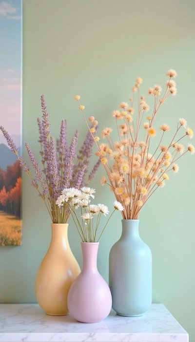 Trois vases pastel remplis de fleurs séchées, disposés sur une table en marbre devant un mur vert clair, créant une ambiance douce et printanière Source - Zubi-K