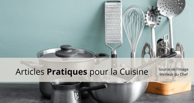 Ustensiles de cuisine pratiques Source : Meilleur du Chef Ustensiles de cuisine pratiques alignés sur un comptoir, incluant des casseroles, fouets, râpe, louches et pinces, avec un fond vert pastel – Source : Meilleur du Chef