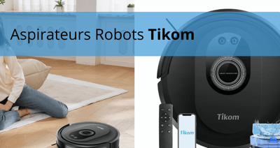 Aspirateurs Robots Tikom Aspirateurs Robots Tikom avec télécommande, application mobile et fonction serpillère, illustrés dans un salon moderne