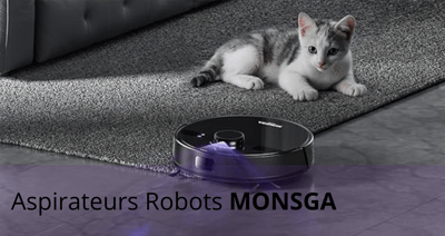 Aspirateur robot MONSGA Aspirateur robot MONSGA nettoyant près d’un chaton allongé sur un tapis, illustrant une utilisation sécuritaire pour les animaux domestiques