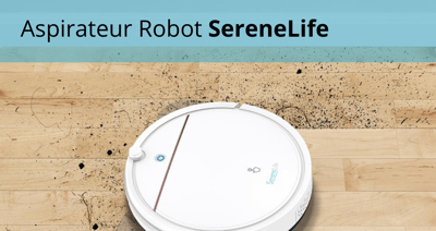 Aspirateur robot SereneLife Aspirateur robot SereneLife nettoyant un plancher de bois franc couvert de saleté