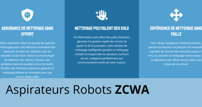 Présentation des avantages des aspirateurs robots ZCWA Présentation des avantages des aspirateurs robots ZCWA : détection des obstacles, nettoyage polyvalent des sols et franchissement d'obstacles.