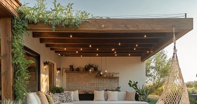 Terrasse extérieure moderne en bois avec coin lounge, canapé blanc par House Design Pinterest Terrasse extérieure moderne en bois avec coin lounge, canapé blanc, foyer central et chaise suspendue dans une ambiance chaleureuse et naturelle par House Design Pinterest
