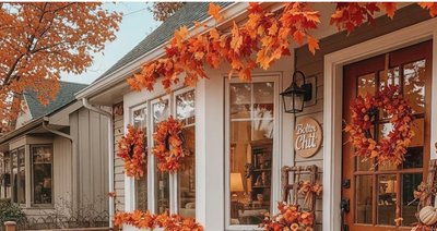Décoration extérieure d’automne avec citrouilles, chrysanthèmes, couronnes de feuilles colorées et coussins orangés sur une terrasse accueillante au style chaleureux et festif Source - kerry black Pinterest