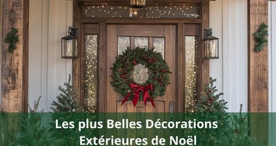 Entrée de maison décorée pour Noël avec couronne de sapin, petits sapins illuminés, lanternes et guirlandes, ambiance chaleureuse et festive Source - Nikki White Pinterest
