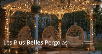 Pergola blanche décorée de guirlandes lumineuses - Image provenant de FuturisticDecors. Pergola blanche décorée de guirlandes lumineuses avec fauteuils suspendus en rotin et ambiance chaleureuse en soirée - Image provenant de FuturisticDecors.