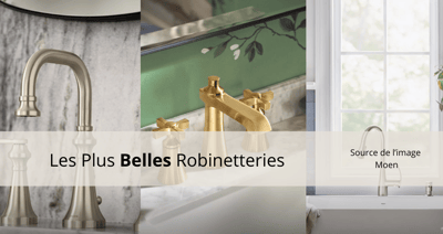 Montage de trois styles de robinets par Moen Montage de trois styles de robinets haut de gamme en métal brossé et doré par Moen