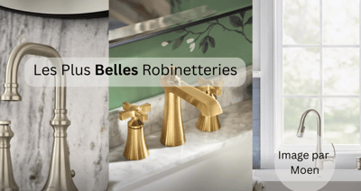 Montage de trois styles de robinets haut de gamme par Moen Montage de trois styles de robinets haut de gamme en métal brossé et doré par Moen