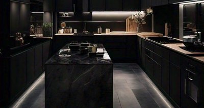 Cuisine moderne au design noir mat avec éclairage LED intégré, comptoirs en bois clair et îlot central en marbre foncé par Valz decor your home your style sur Pinterest
