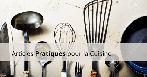 Ustensiles de cuisine essentiels alignés sur un plan de travail.