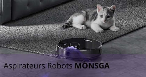 Aspirateur robot MONSGA nettoyant près d’un chaton allongé sur un tapis, illustrant une utilisation sécuritaire pour les animaux domestiques