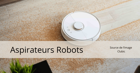 Aspirateur robot blanc — image source Clubic Aspirateur robot blanc en fonctionnement sur un plancher, aspirant des débris — image source Clubic