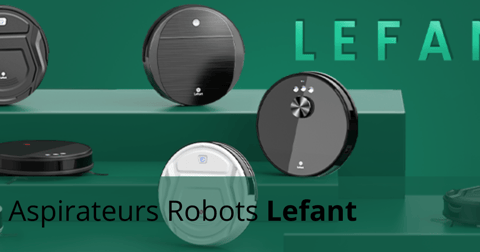 Gamme d’aspirateurs robots Lefant affichée sur fond vert avec différents modèles compacts et designs