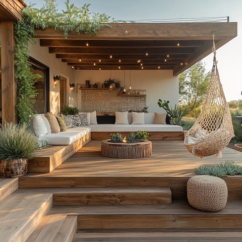 Terrasse extérieure moderne en bois avec coin lounge, canapé blanc par House Design Pinterest Terrasse extérieure moderne en bois avec coin lounge, canapé blanc, foyer central et chaise suspendue dans une ambiance chaleureuse et naturelle par House Design Pinterest