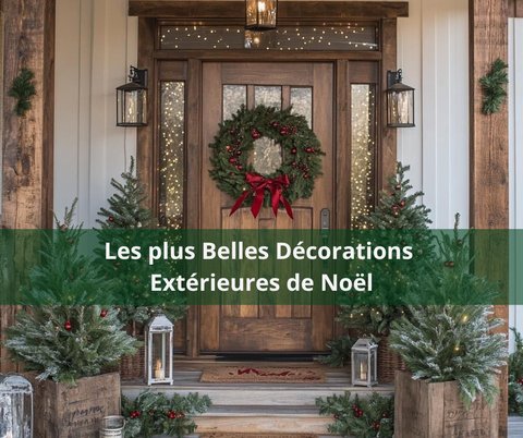 Entrée de maison décorée pour Noël avec couronne de sapin, petits sapins illuminés, lanternes et guirlandes, ambiance chaleureuse et festive Source - Nikki White Pinterest