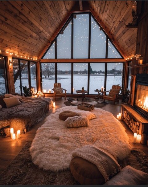 Chambre à coucher grandiose de style chalet avec plafond en bois, grandes fenêtres panoramiques donnant sur un paysage enneigé, éclairage chaleureux et ambiance cocooning par Nikkol sur Pinterest