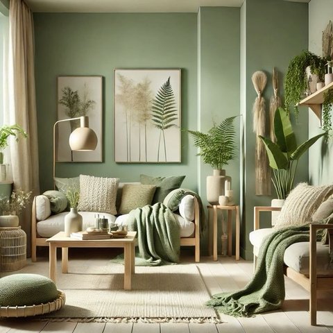 Salon vert tendance avec décor naturel source Kaffée sur Pinterest Salon vert tendance avec décor naturel, plantes et meubles en bois clair – ambiance douce et moderne - source Kaffée sur Pinterest