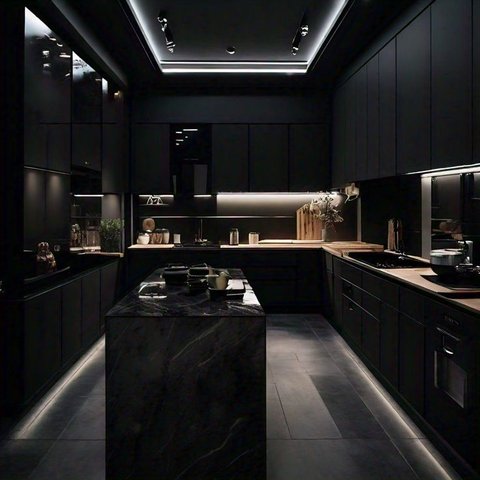 Cuisine moderne au design noir mat avec éclairage LED intégré, comptoirs en bois clair et îlot central en marbre foncé par Valz decor your home your style sur Pinterest