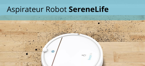 Aspirateur robot SereneLife Aspirateur robot SereneLife nettoyant un plancher de bois franc couvert de saleté