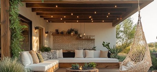 Terrasse extérieure moderne en bois avec coin lounge, canapé blanc par House Design Pinterest Terrasse extérieure moderne en bois avec coin lounge, canapé blanc, foyer central et chaise suspendue dans une ambiance chaleureuse et naturelle par House Design Pinterest