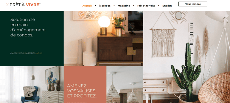 Page d’accueil du site Prêt à Vivre Page d’accueil du site Prêt à Vivre, solution clé en main pour l’aménagement de condos, avec exemples d’intérieurs décorés.