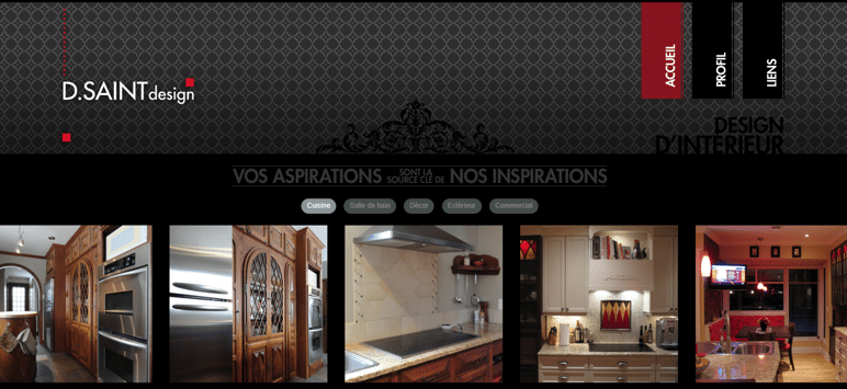 Page d'accueil du site D.SAINT Design présentant des projets de design d'intérieur, incluant des cuisines aménagées et un slogan mettant en avant l'inspiration des clients comme point de départ créatif