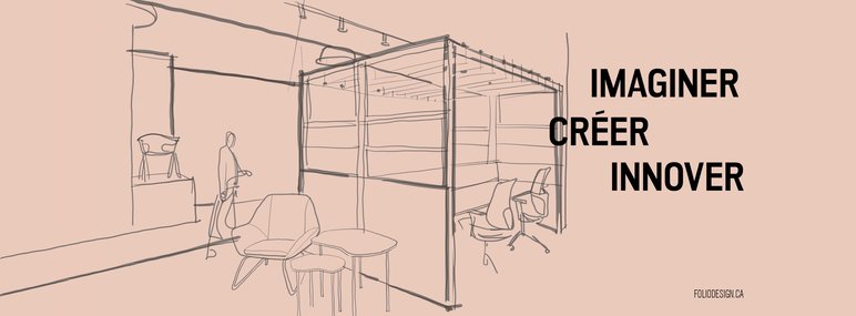 Croquis architectural par Folio Design montrant un espace de travail moderne avec le slogan imaginer, créer, innover